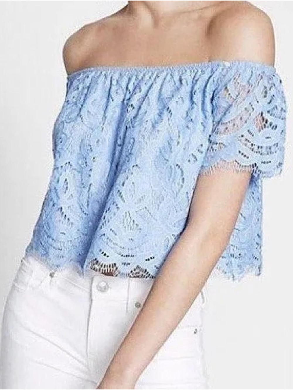 Express Blue Off-Shoulder Lace Crop Top